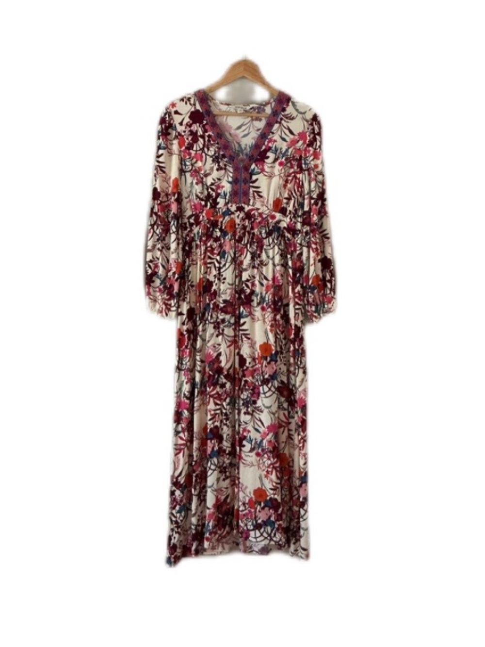 The Pioneer Woman Cream Floral V-Neck Maxi Dress with Pink & Burgundy Accents S